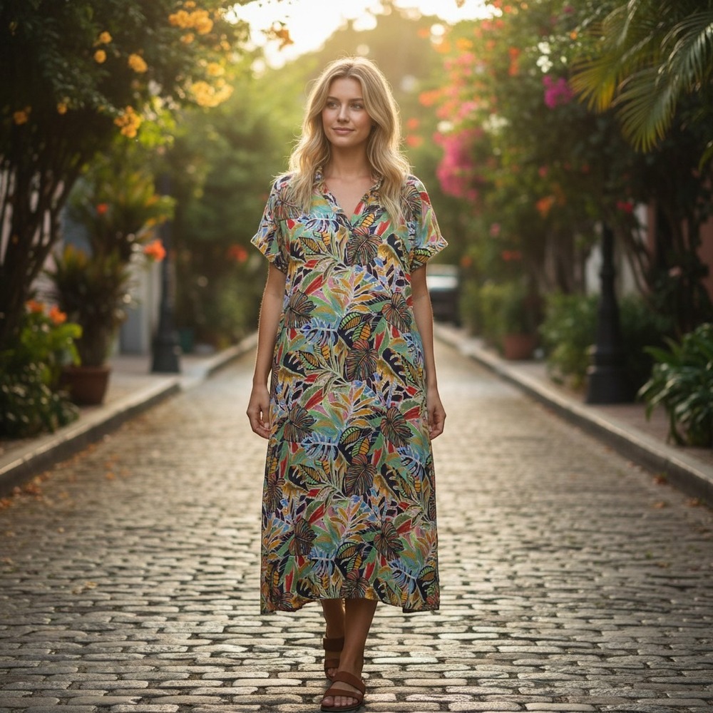 C&C California Tropical Leaf Midi Dress Womens M Multicolor Linen Blend Summer